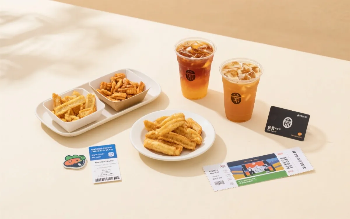 桌面上的观赛套餐与文创周边，票根风格的会员卡与饮品摆拍，适合社交平台传播